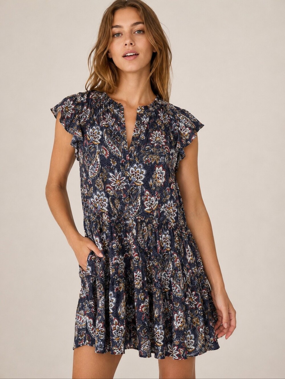Velvet by Graham & Spencer Blue Paisley Floral Flutter Sleeve Mini Dress Medium